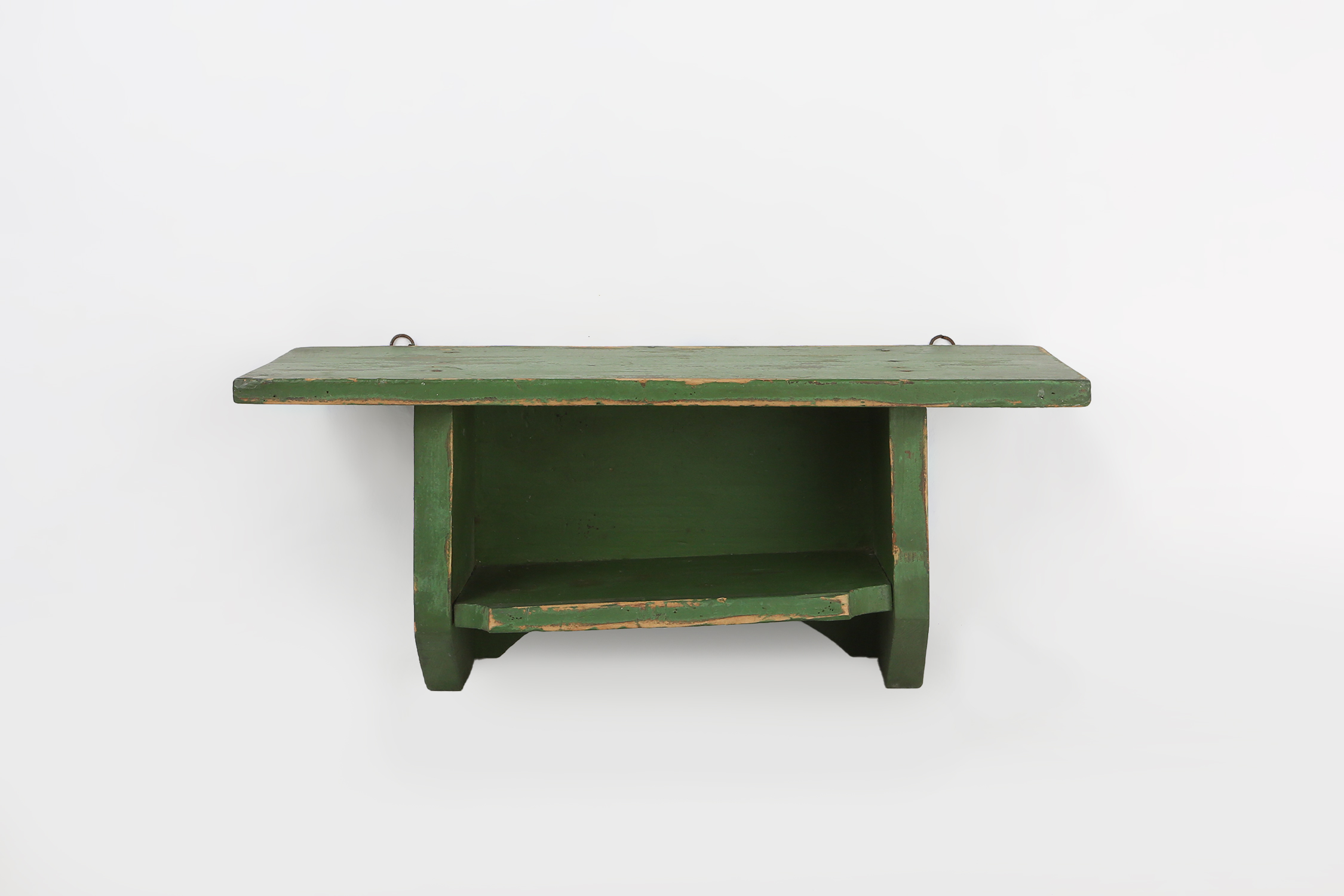 Small Rustic Green Wooden Wall Unit with 2 Shelves, France, 1880sthumbnail